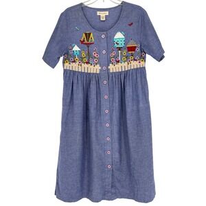 Vtg Bechamel Chambray Embroidered Birdhouse Garden Midi Dress Cottagecore Small